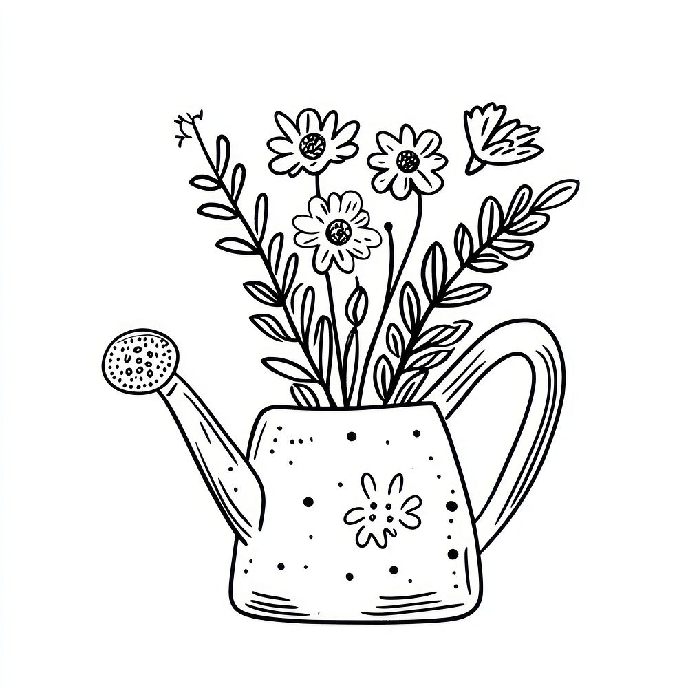 Watering can with flowers art illustration drawing.