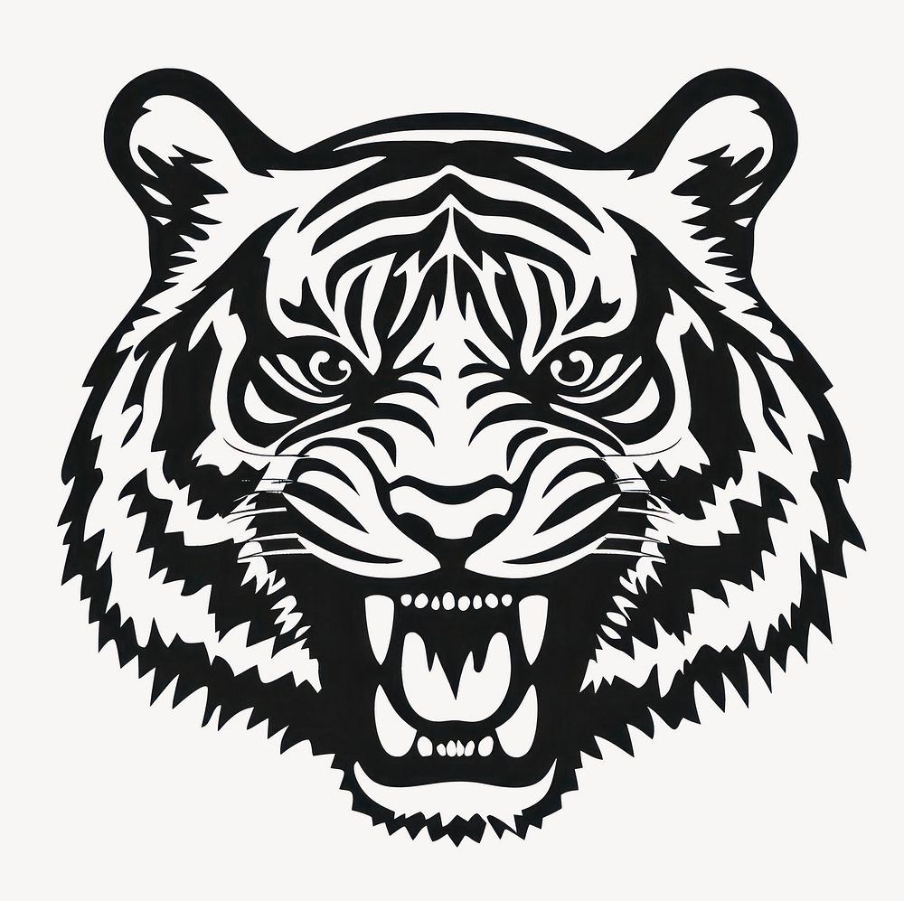 Tiger roaring face linear illustration animal black vector