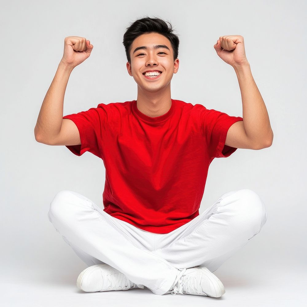 Asian student man sitting happy smile photo.