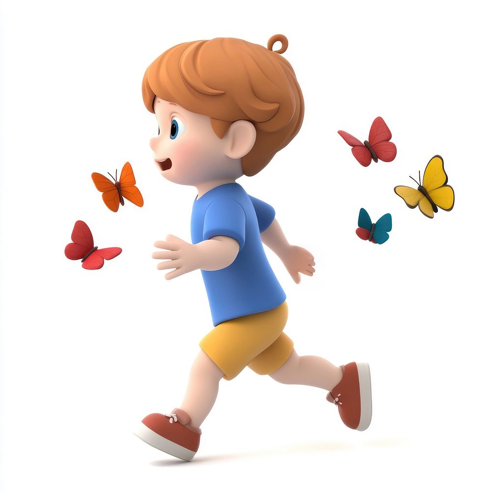 Boy chasing butterflies illustration cartoon photography.