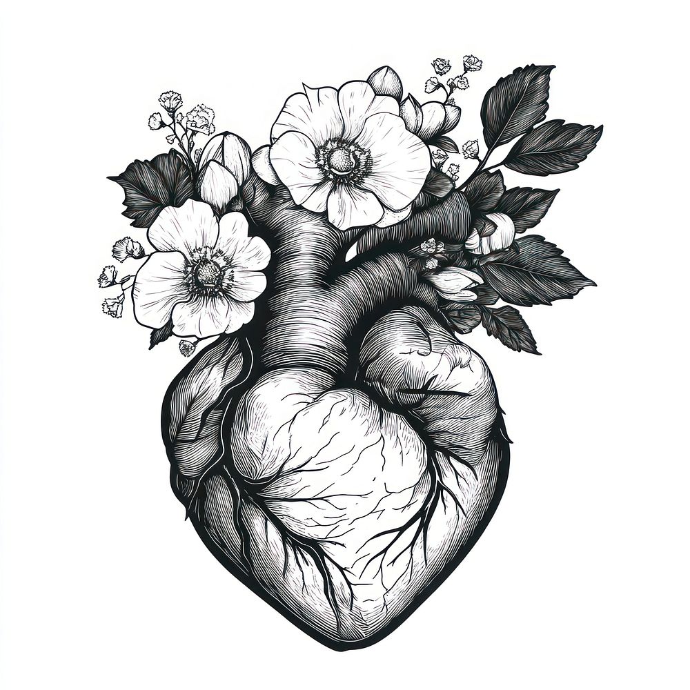 Anatomical heart with flowers illustration drawing black.