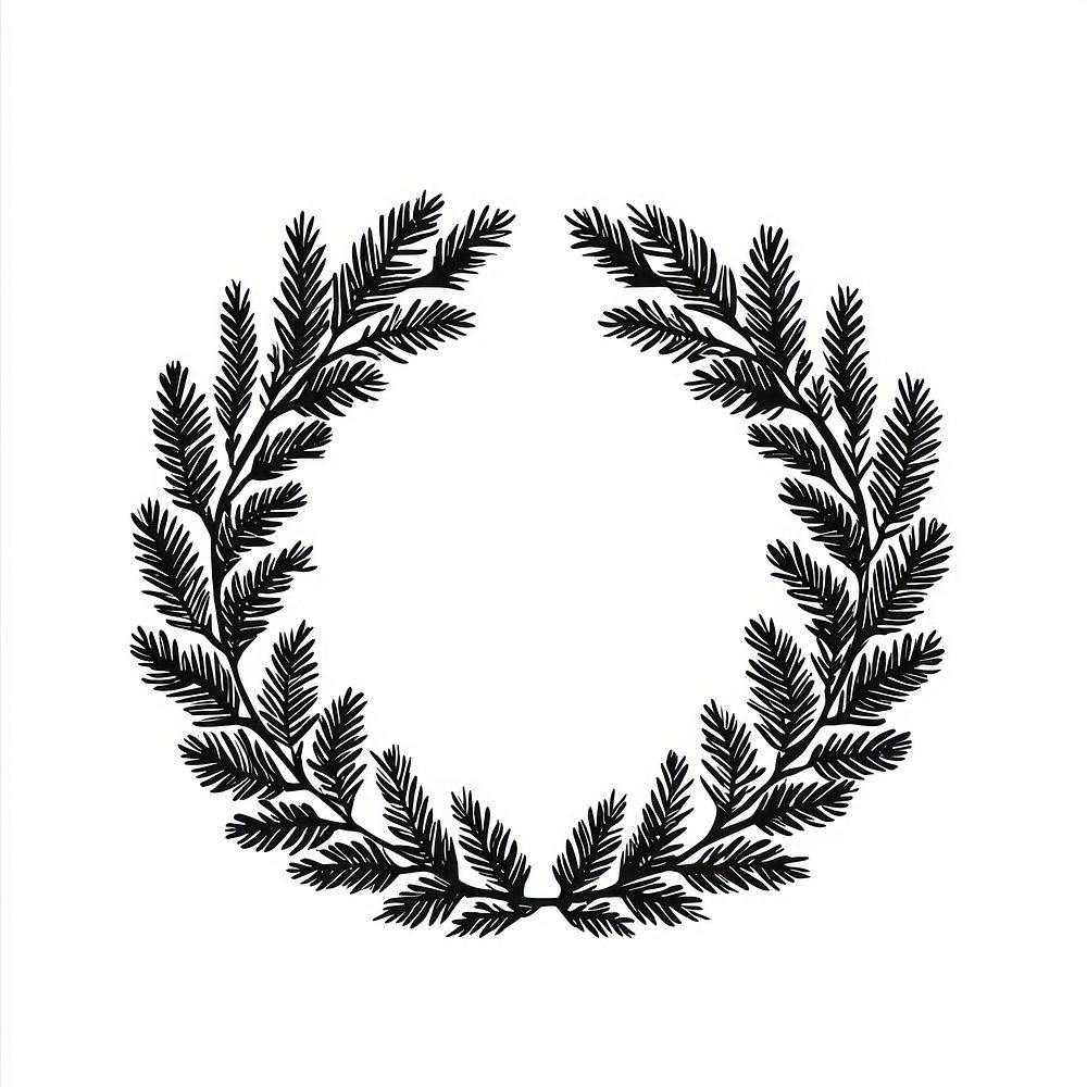 Small pine leaves wreath illustration black art.