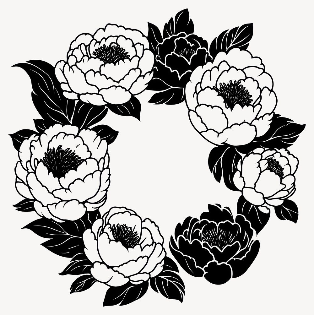 Linear Peonies flower ring illustration black white vector