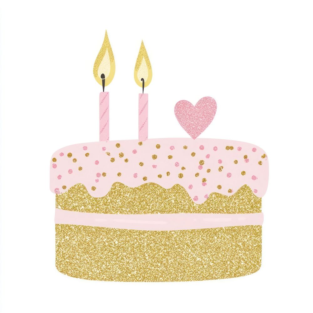 A pink and gold glitter birthday cake with two candles illustration decoration heart.