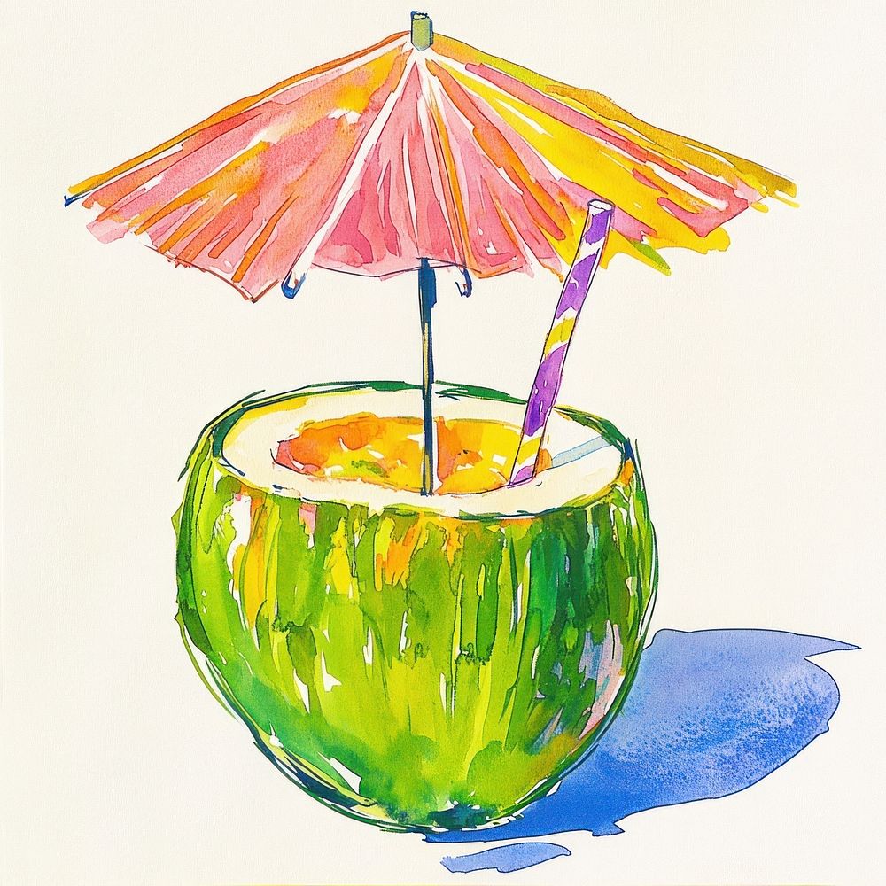 Green coconut with straw and mini cocktail umbrella illustration watercolor art.