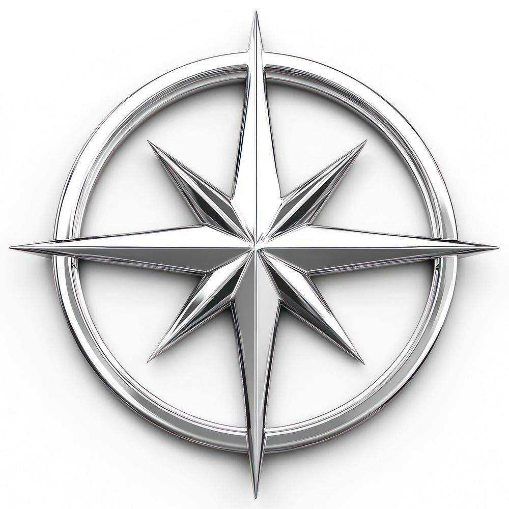 Two overlapping four-pointed starbursts of different sizes within a chrome circular halo illustration symbol design.