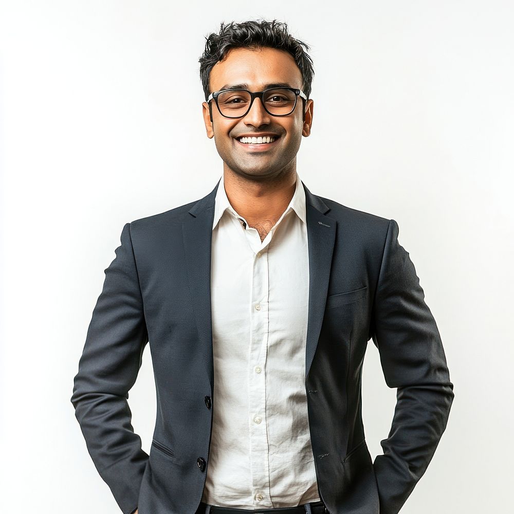 Indian businessman portrait suit glasses.