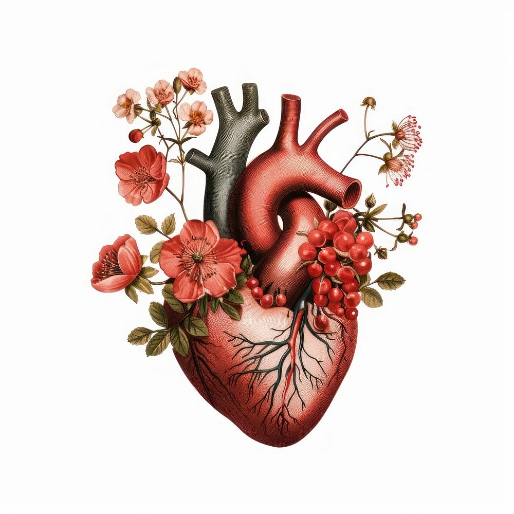 Heart with blooming flowers illustration botanical graphics.