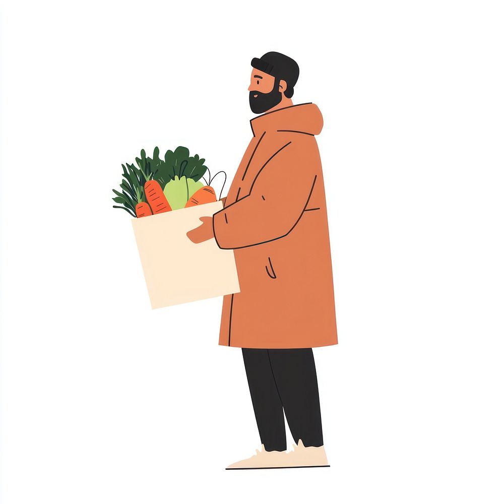 Man holding paper bag of vegetables man illustration coat.