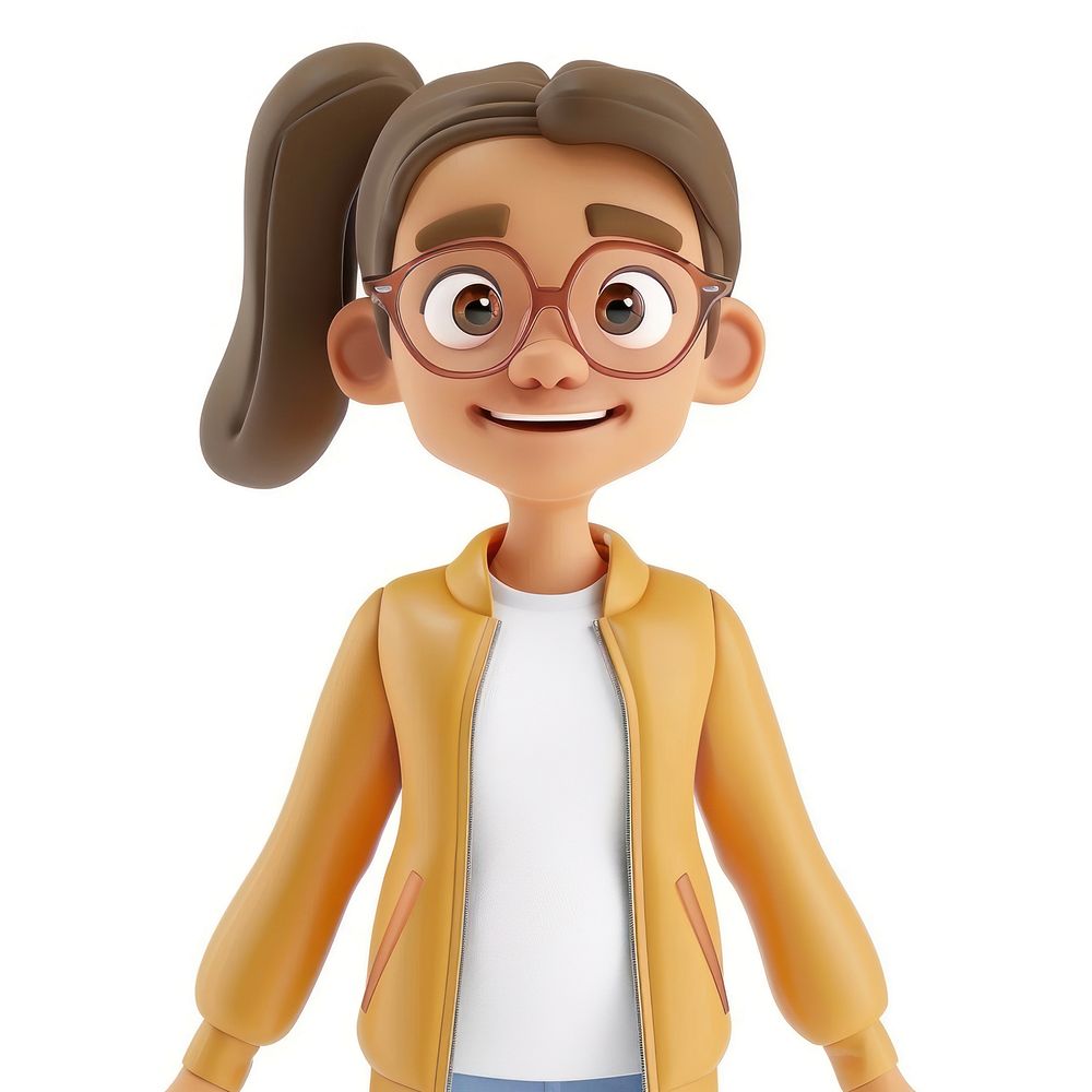 Young cute woman with ponytail-hair glasses face character.