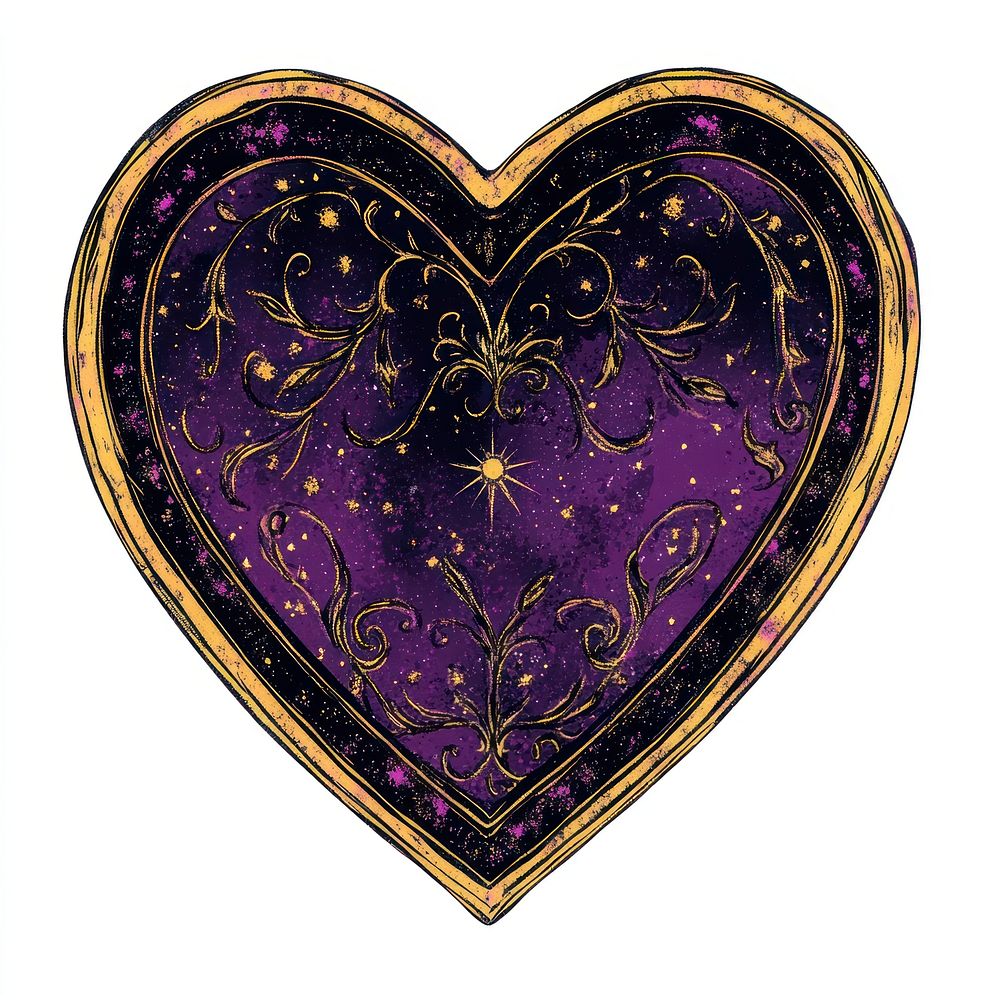 A gothic vector illustration of an isolated heart celestial mystical purple.