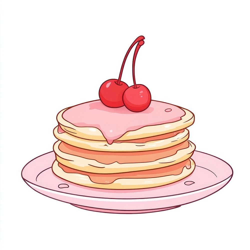 A plate of fluffy pancakes with cherry on top illustration cherries dessert.