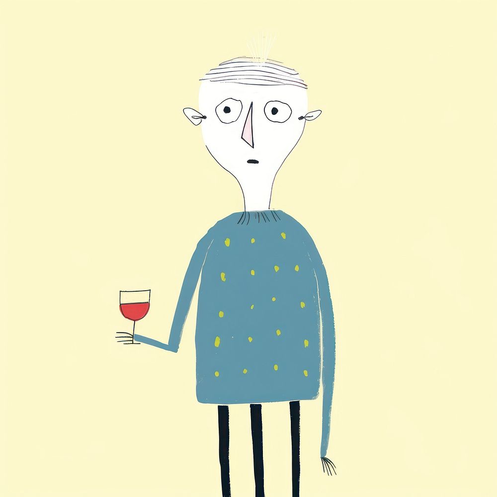 Old person standing drinking wine cartoon whimsical drawing.