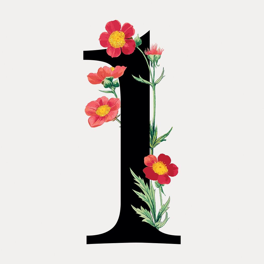 Number one floral illustration isolated on white, vector. Remixed by rawpixel.