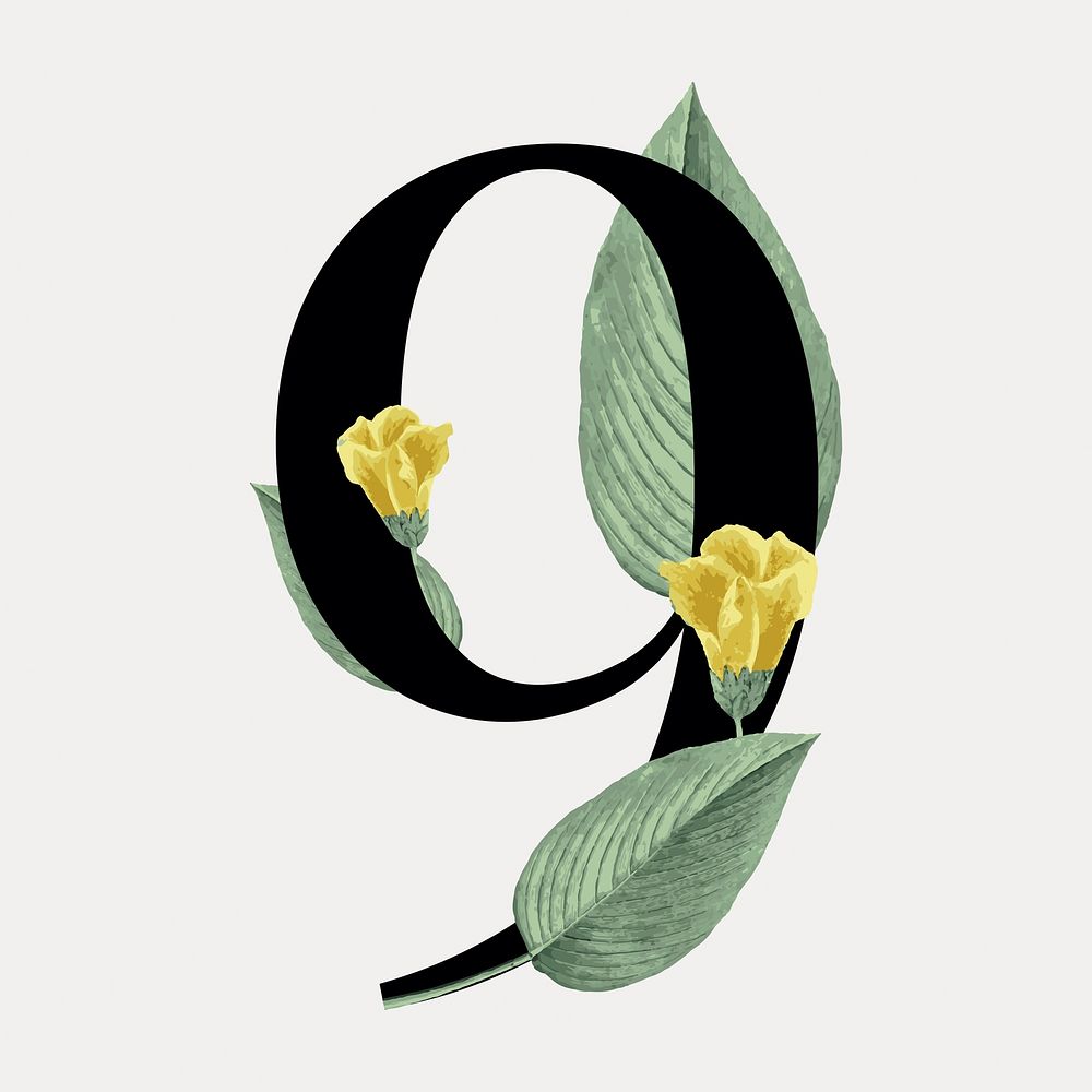 Number 9 floral illustration isolated on white, vector. Remixed by rawpixel.