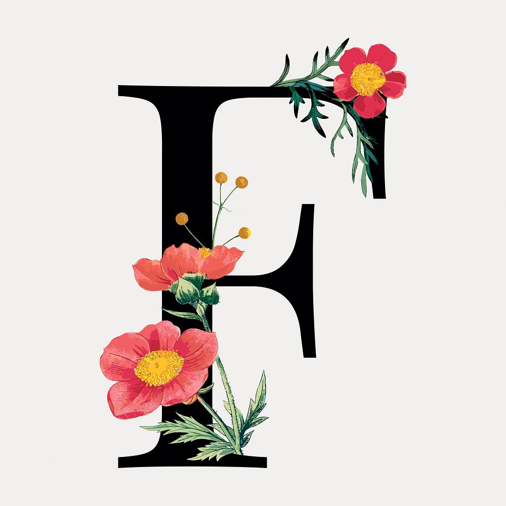 Floral letter F digital art illustration isolated on white, vector. Remixed by rawpixel.