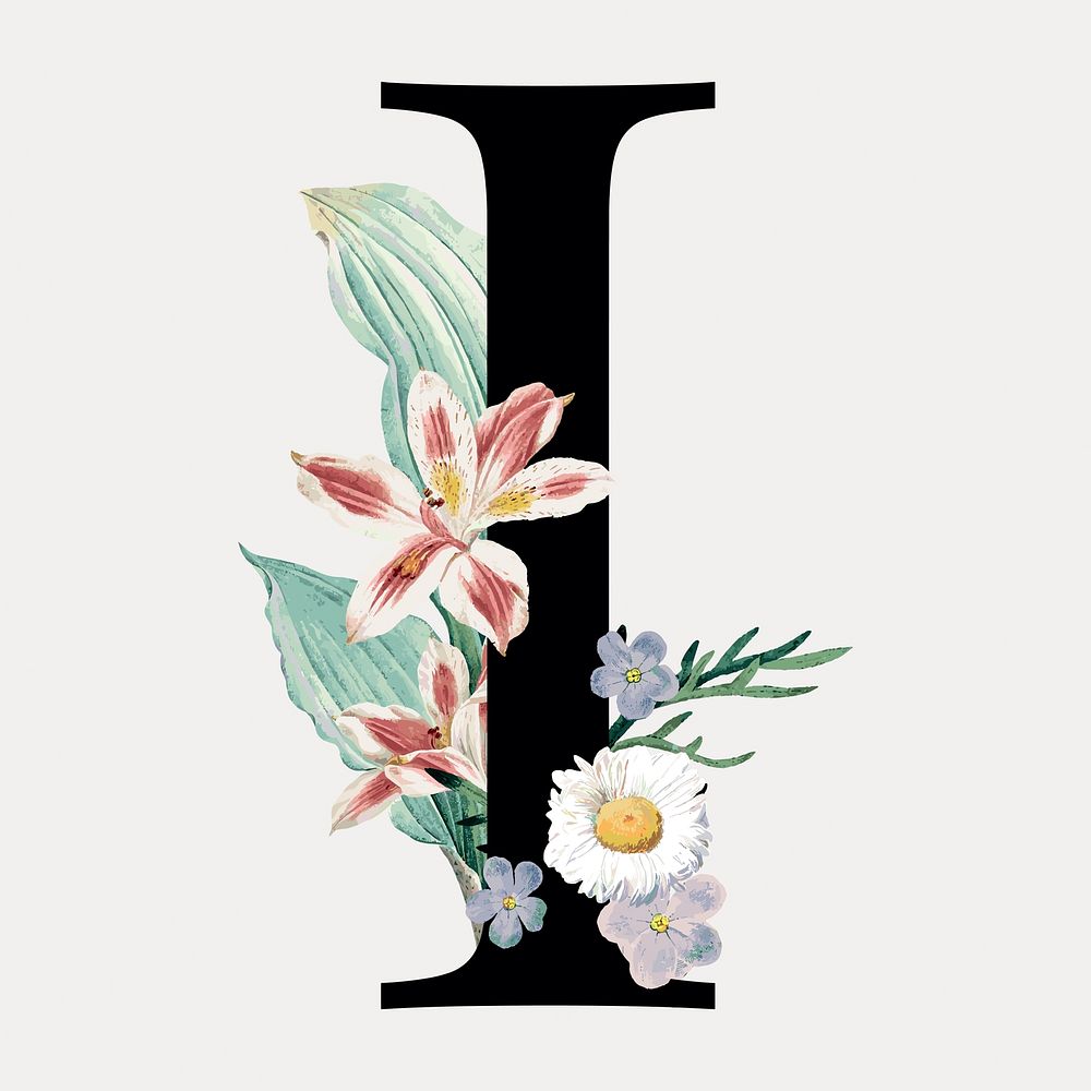 Floral letter I digital art illustration isolated on white, vector. Remixed by rawpixel.