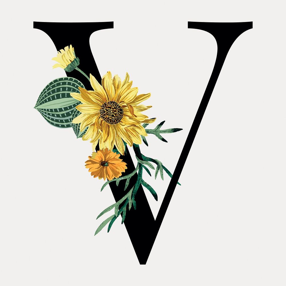 Floral letter V digital art illustration isolated on white, vector. Remixed by rawpixel.