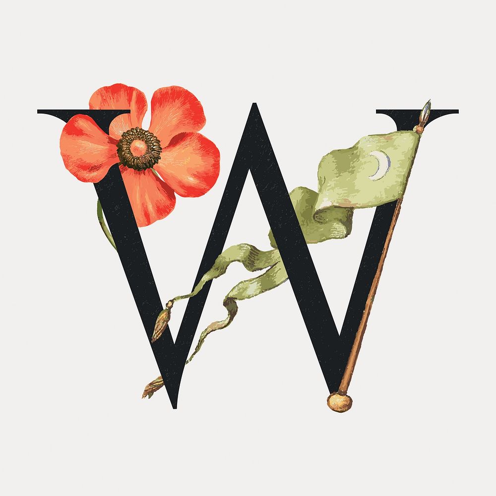 Letter W botanical calligraphic art alphabet, vector element. Remixed by rawpixel.