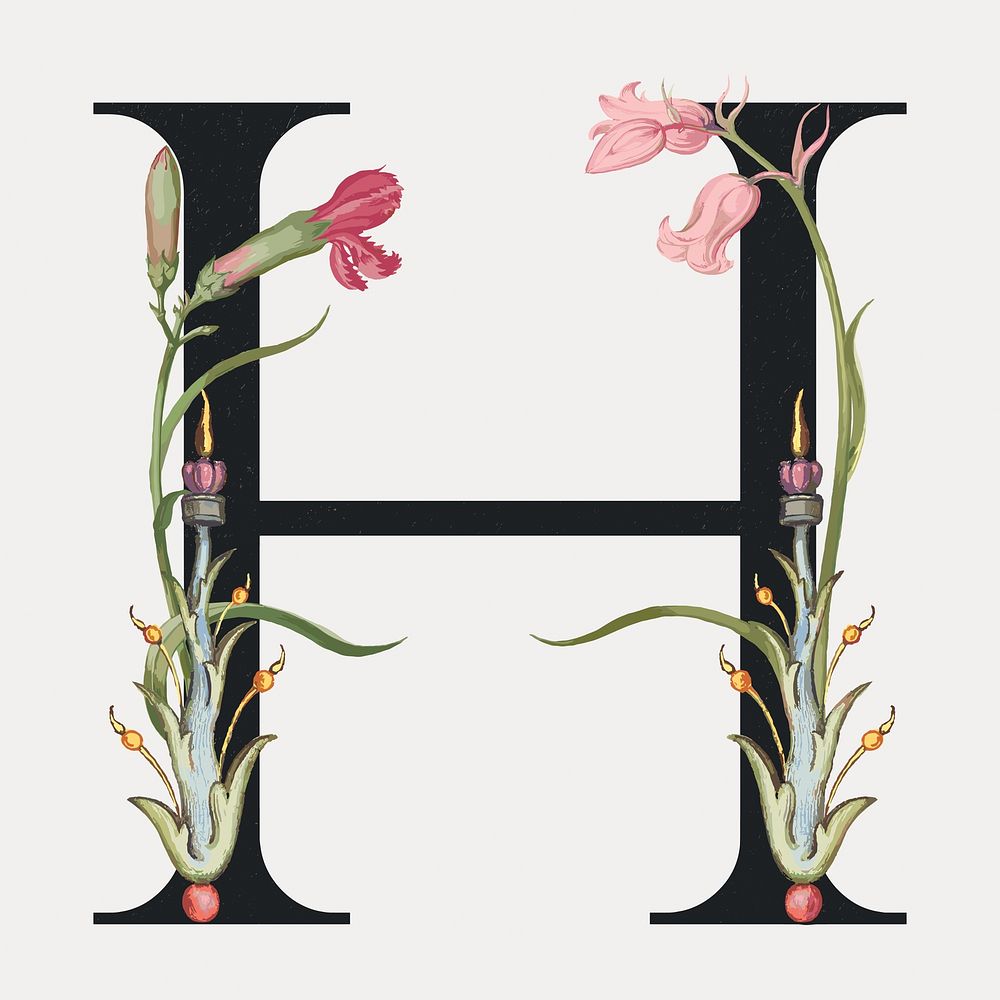 Letter H botanical calligraphic art alphabet,, vintage vector element. Remixed by rawpixel.