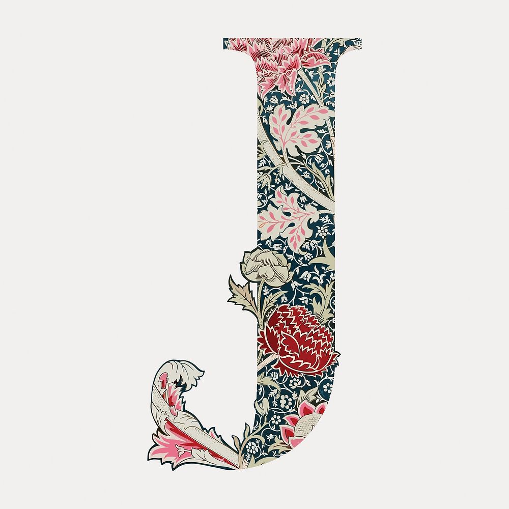 Letter J botanical pattern font, inspired by William Morris, isolated vector element. Remixed by rawpixel.