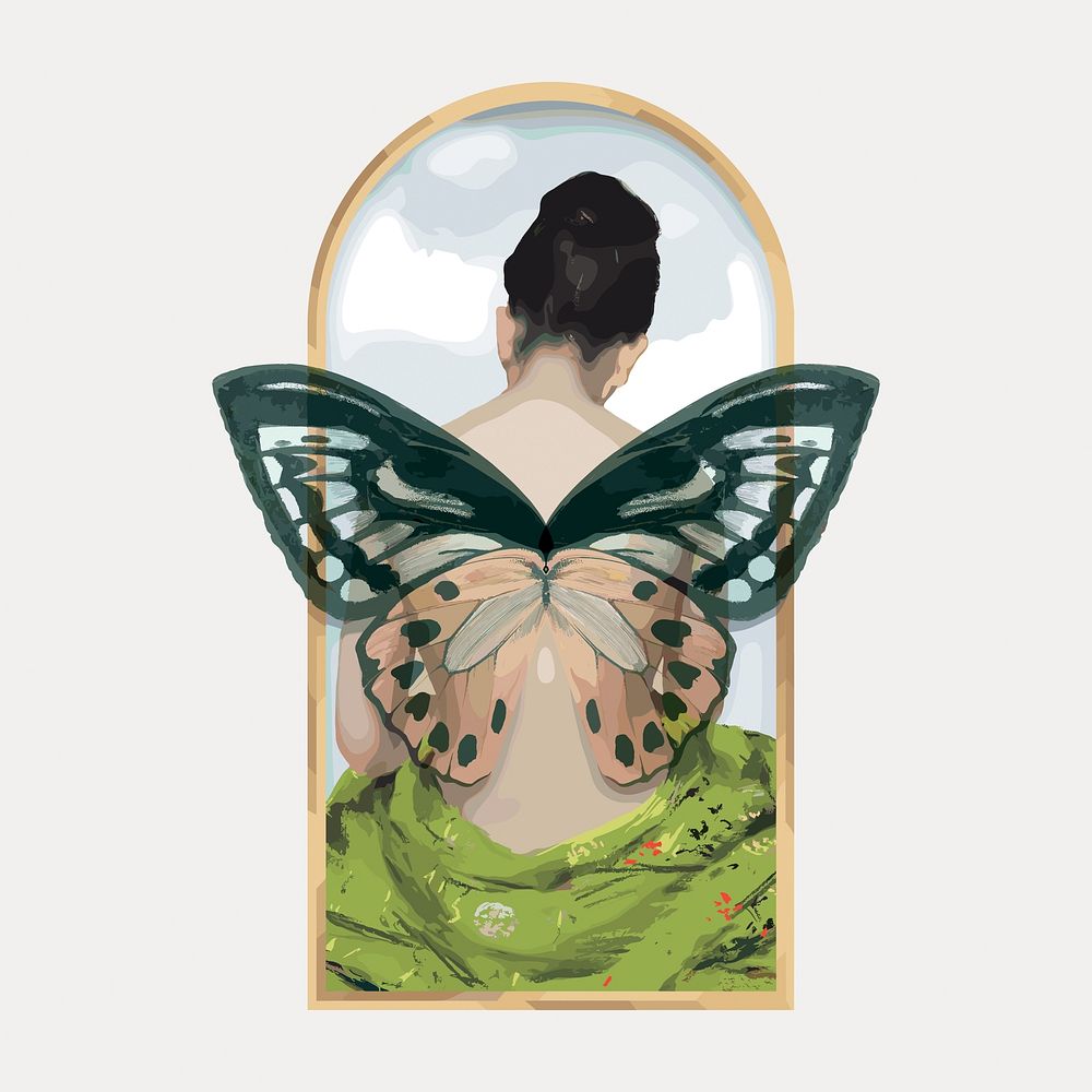 Nude woman with butterfly wings on golden frame d vector. Remixed by rawpixel.