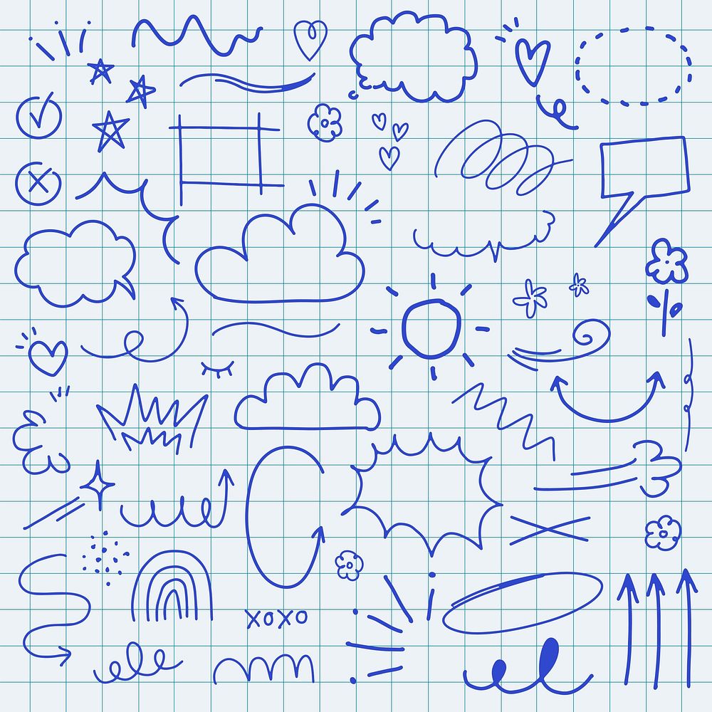 Doodle set with clouds, stars, and speech bubbles. Includes clouds, arrows, and stars. Playful doodles with clouds and stars…