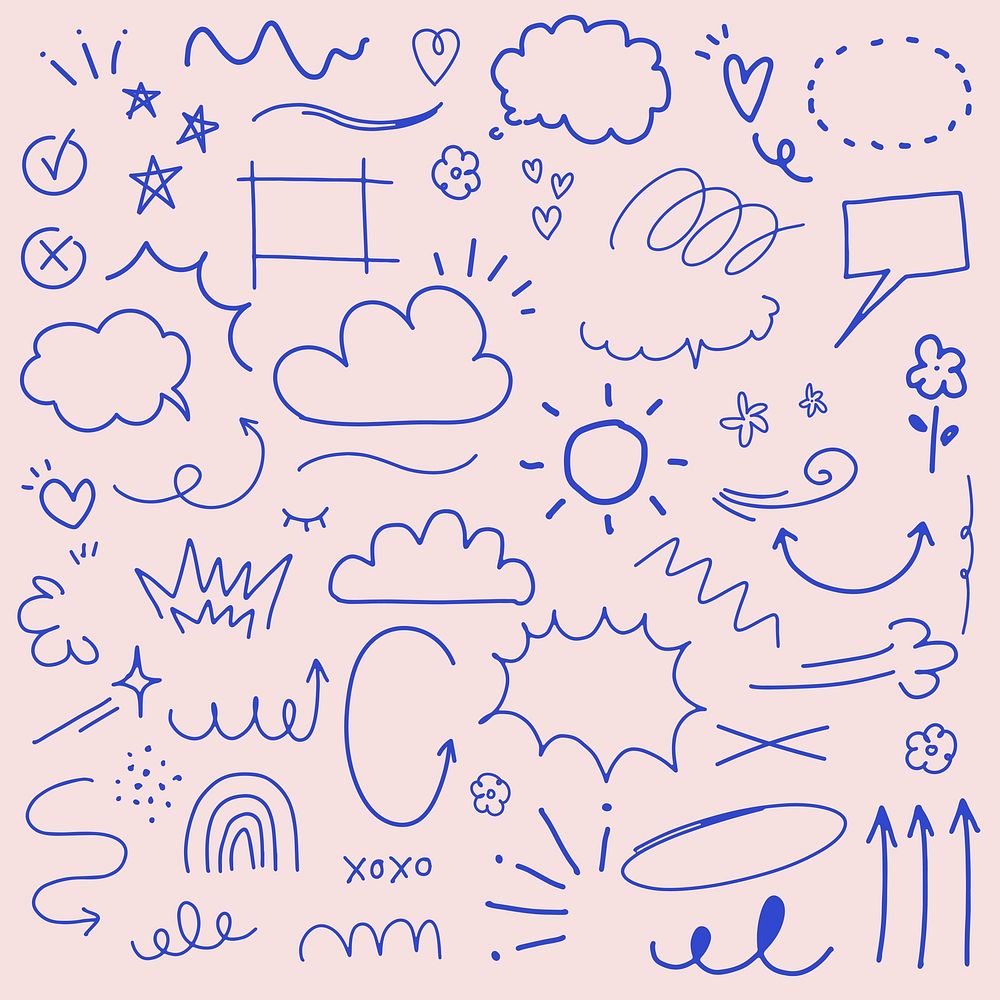 Doodle collection with clouds, arrows, and stars. Blue doodles, playful clouds, swirling arrows. Fun doodles with stars…