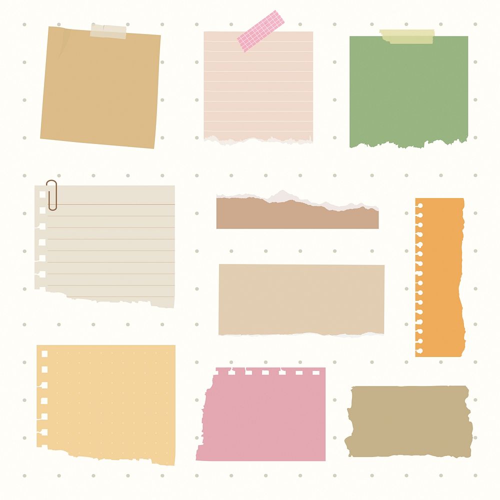 Collection of colorful paper notes, sticky notes, and torn paper pieces. Includes lined paper, sticky notes, and torn edges…