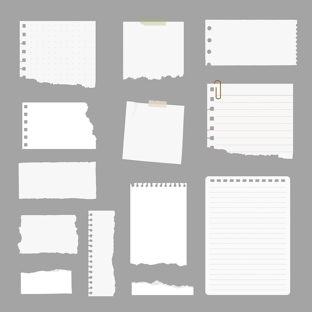 Collection of torn paper notes, various sizes and shapes. Torn paper with rough edges, blank notes, and paper sheets for…