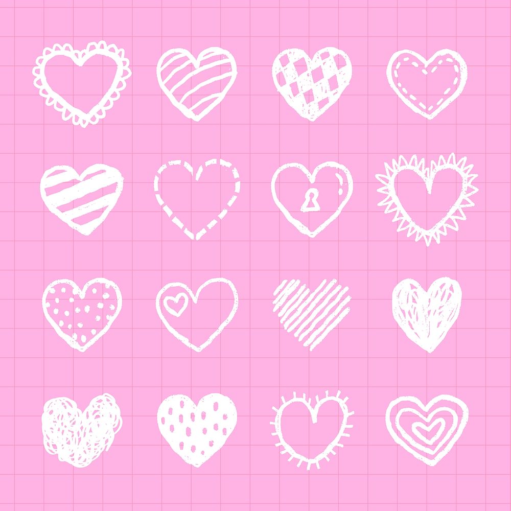 Pink background with white heart doodles. Various heart designs repeat across the grid. Hearts, doodles, and pink theme…