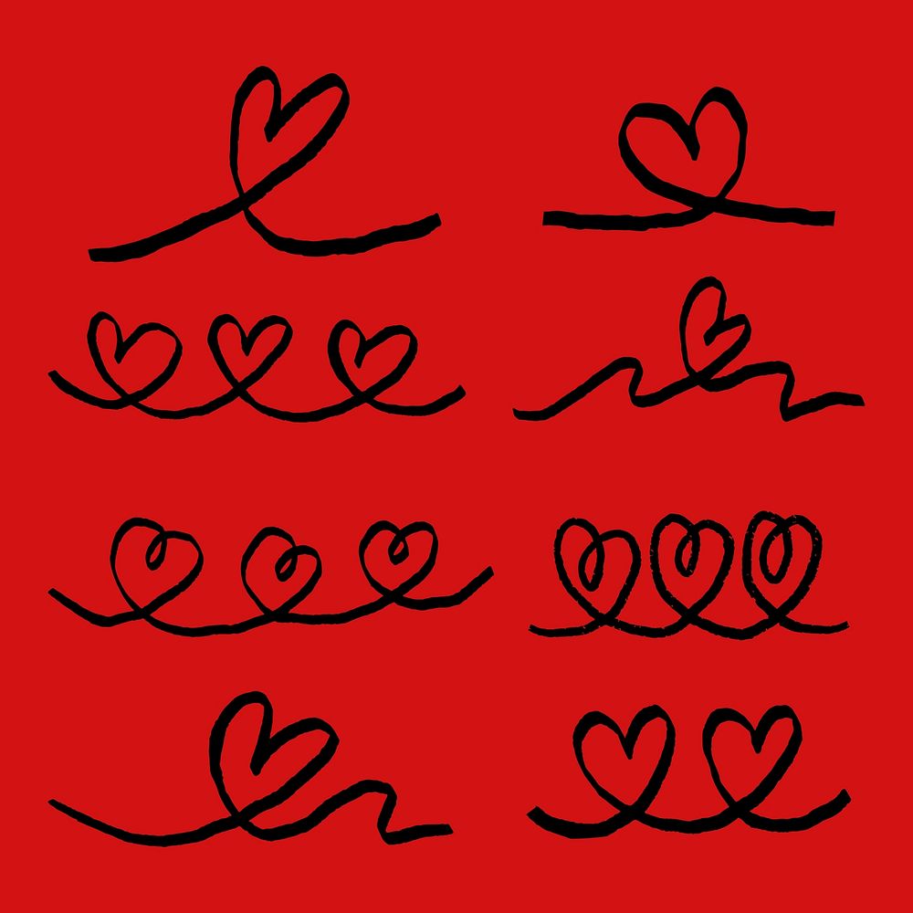 Hand-drawn hearts on a red background. Black heart patterns create a playful, romantic feel. Perfect for Valentine's Day…