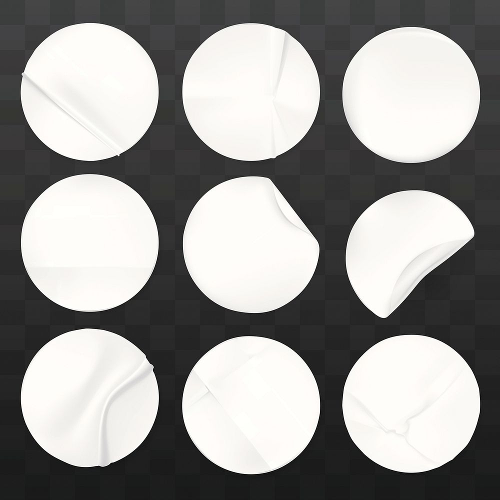 Set of nine white circular stickers with various folds and creases on a dark background. Each sticker shows unique creases…