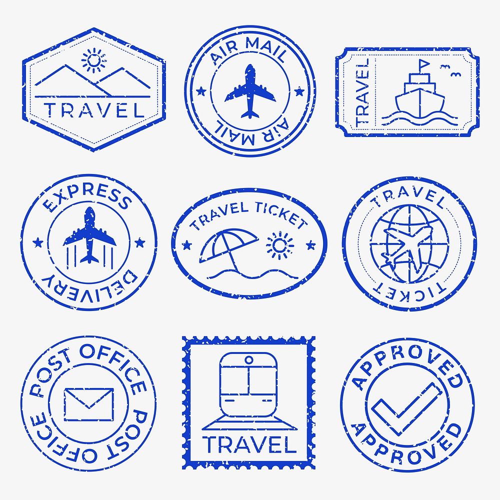 Set of blue travel stamps featuring travel themes: airplane, ship, train, and travel ticket. Includes travel icons like…