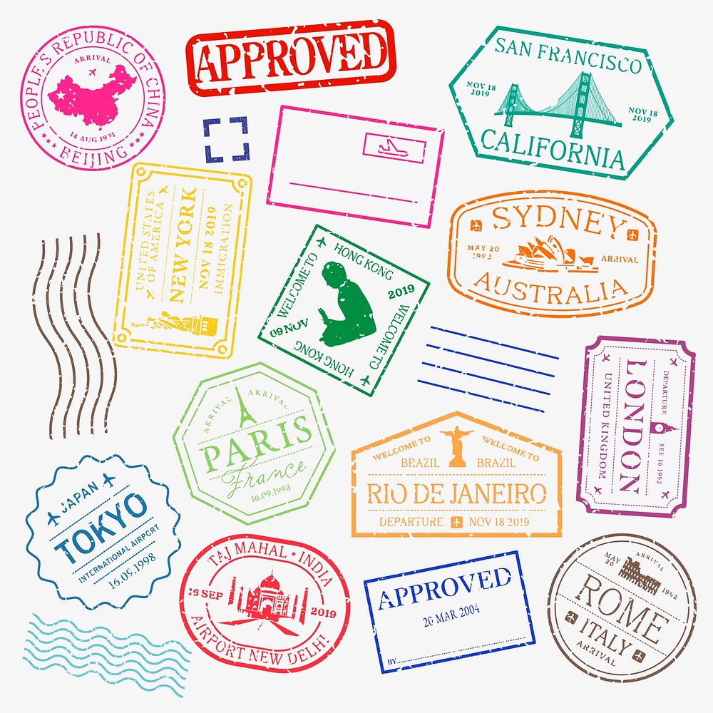 Colorful passport stamps from cities like Paris, Tokyo, and Sydney. Travel-themed stamps, approved and vibrant, showcasing…