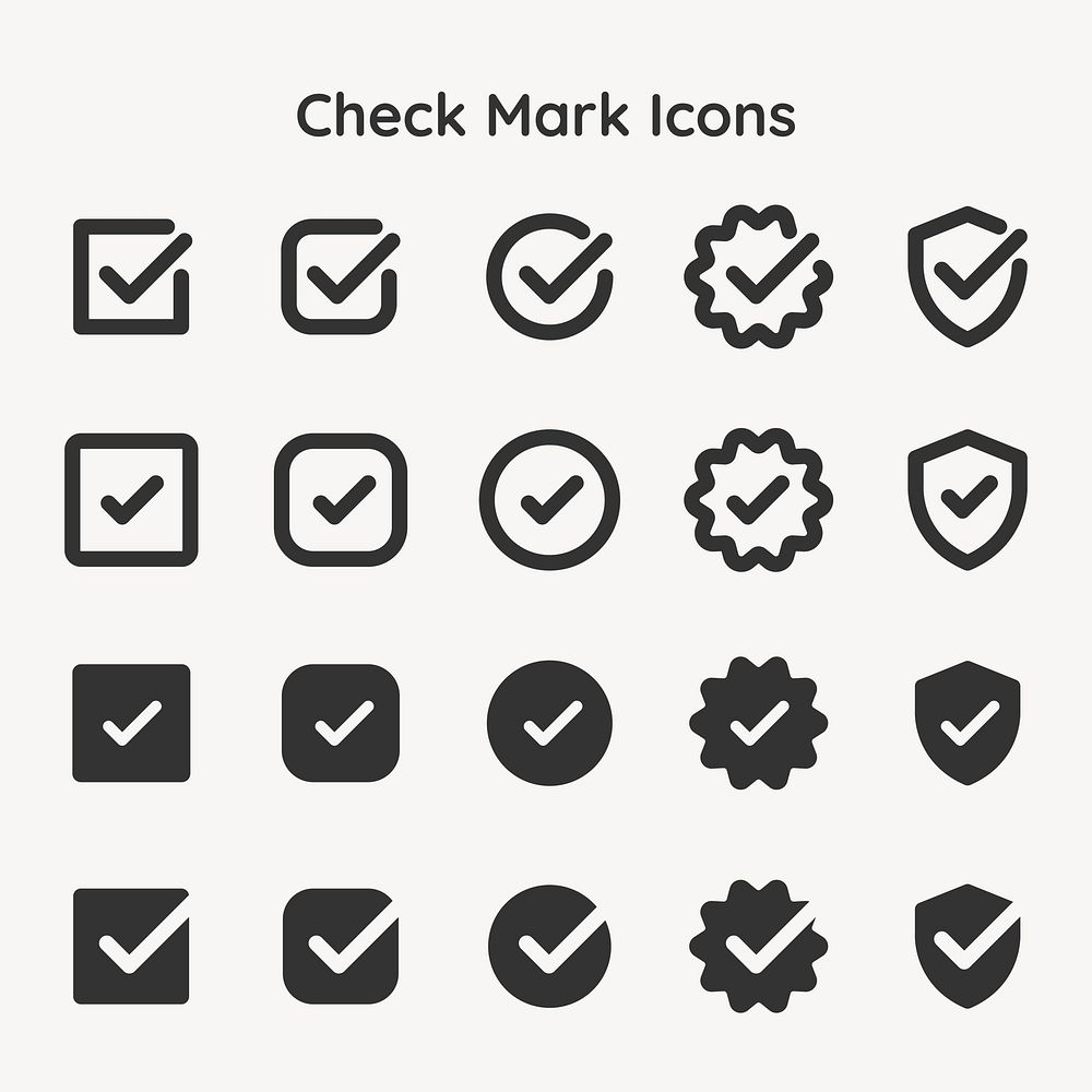 Set of check mark icons in various styles. Includes check marks in boxes, circles, and shields. Simple check mark designs…