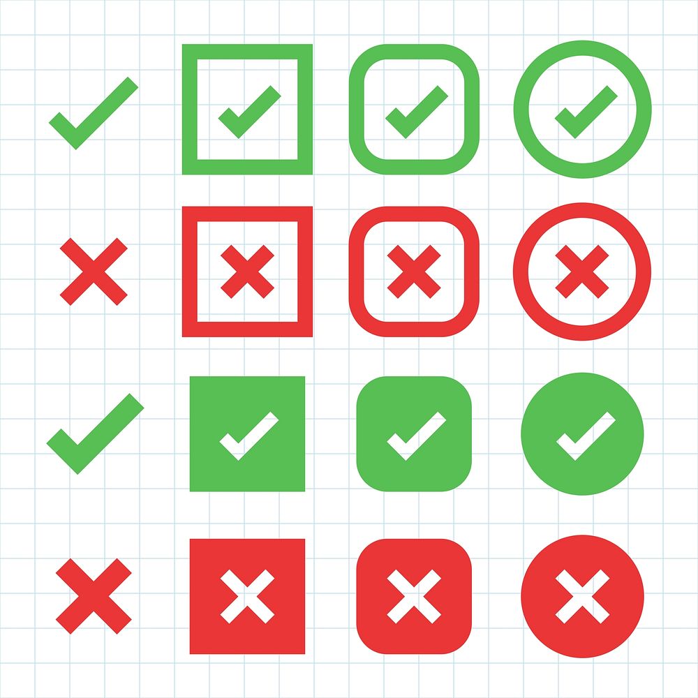 Grid of check marks and crosses in green and red. Check marks indicate approval. Crosses show disapproval. Symbols on graph…