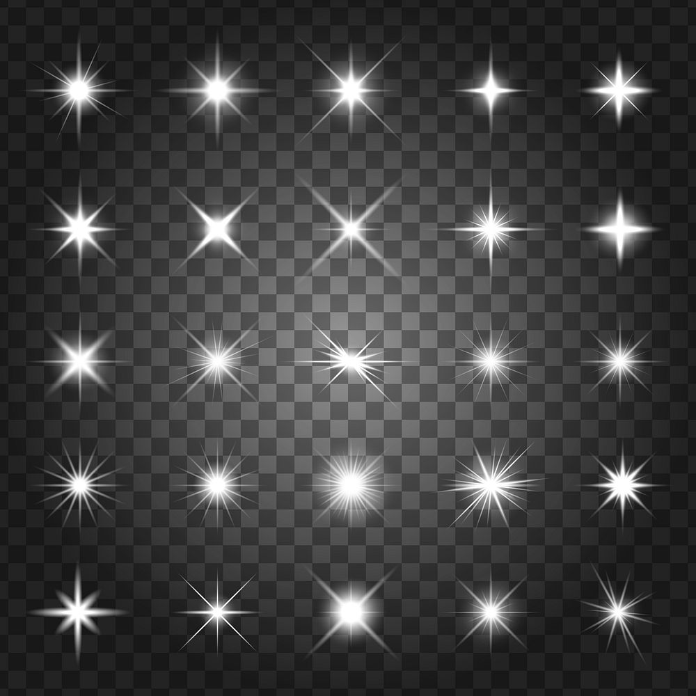 A collection of 25 glowing starburst effects on a transparent background. Each starburst is unique, adding sparkle and shine…