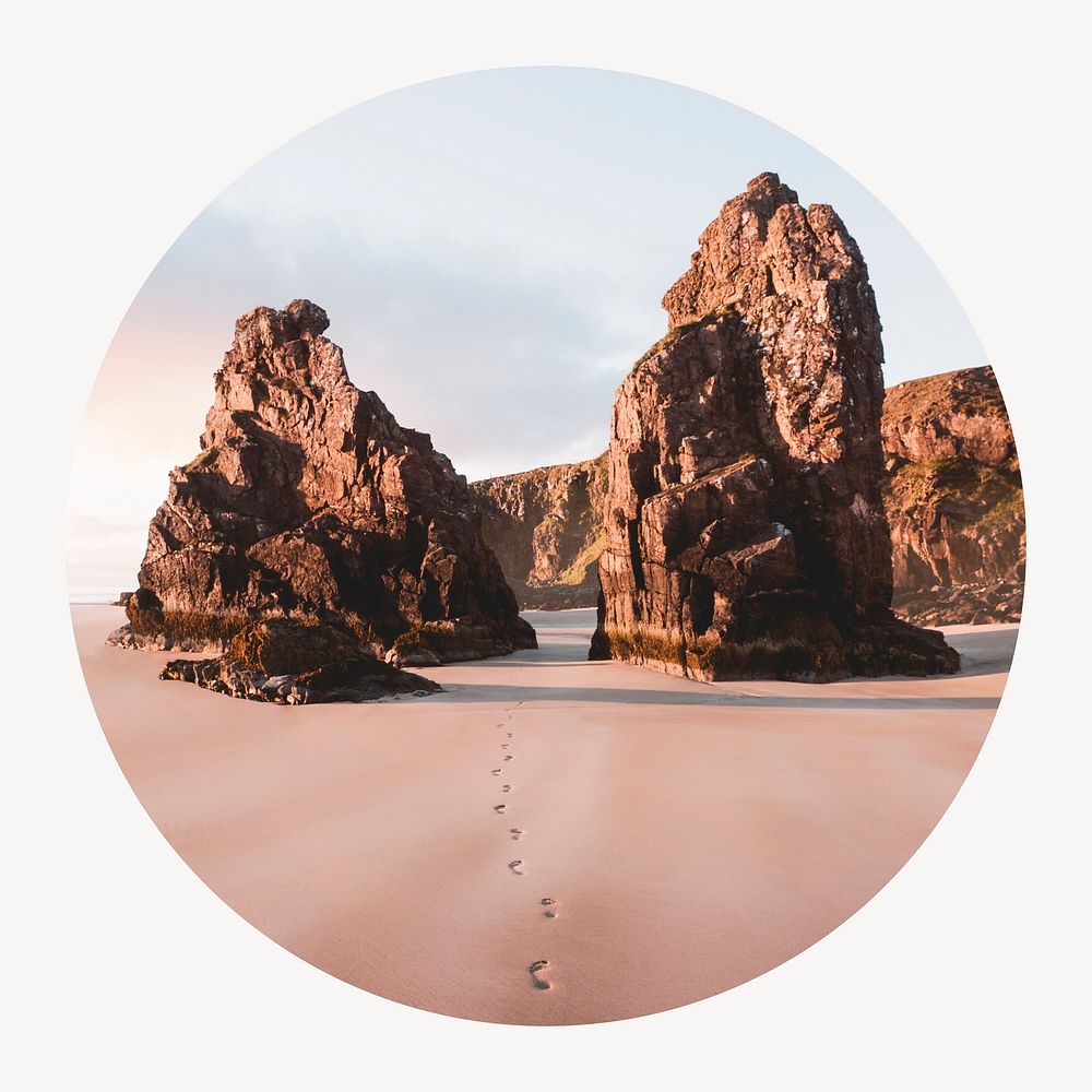 Beautiful beach footprints circle shape badge, travel photo