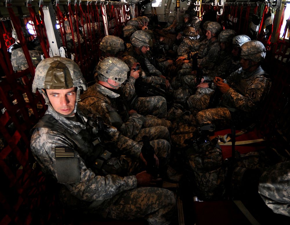 U.S. Soldiers with the 173rd Airborne Brigade Combat Team depart Aviano Air Base, Italy, in an Air Force C-130J Super…