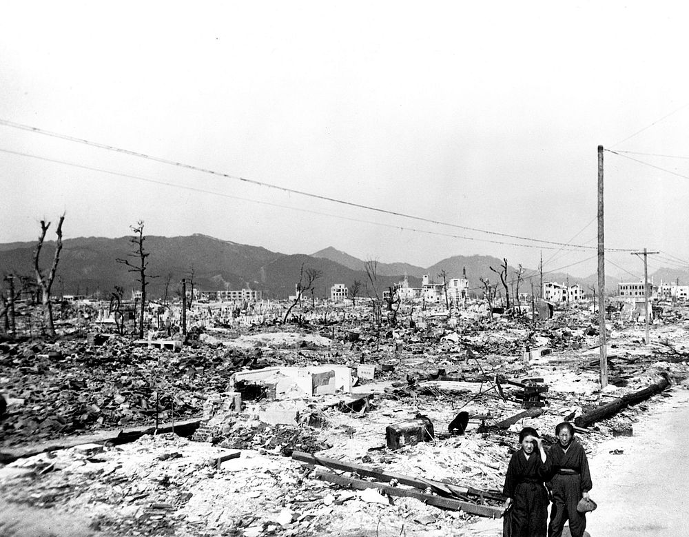 Atomic bomb damage Hiroshima, Japan seen by the USS Appalachian November 27, 1945. Original public domain image from Flickr