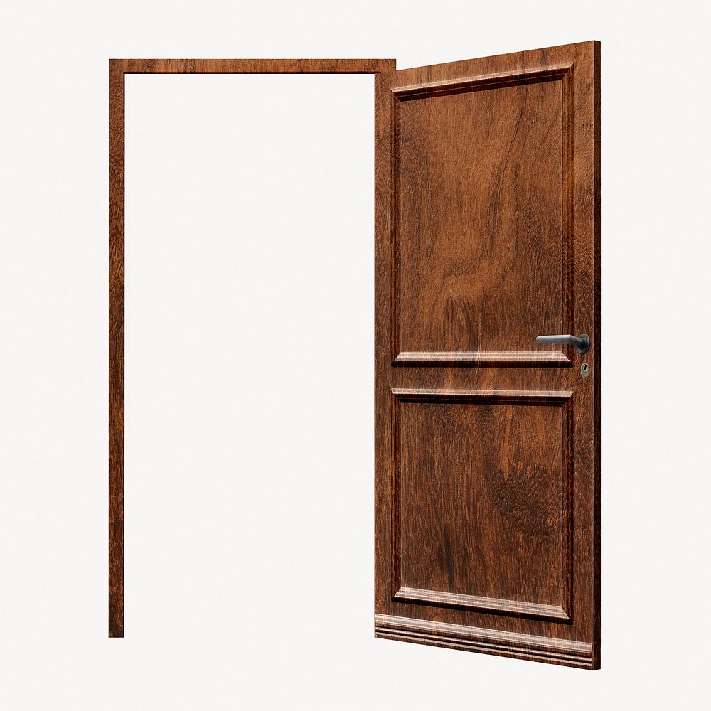 Open brown wooden door sticker, modern architecture collage element psd