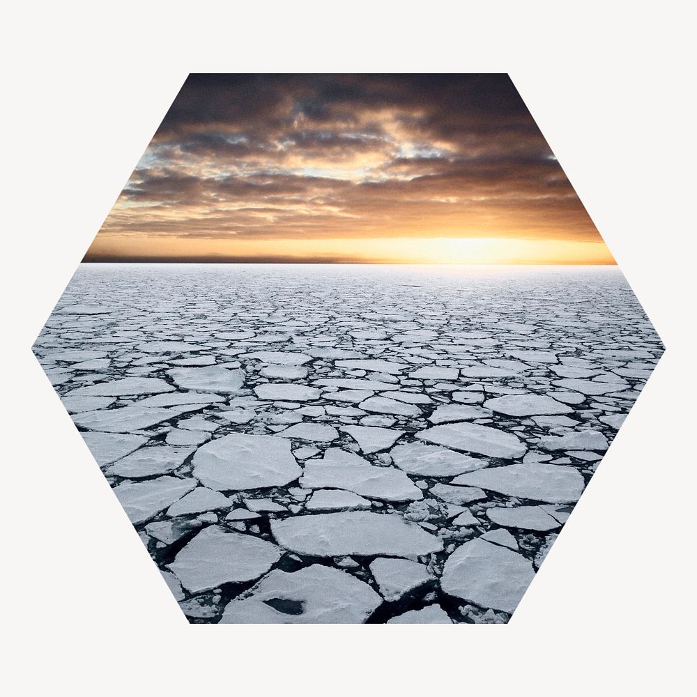Melting ocean hexagon shape badge, environment photo