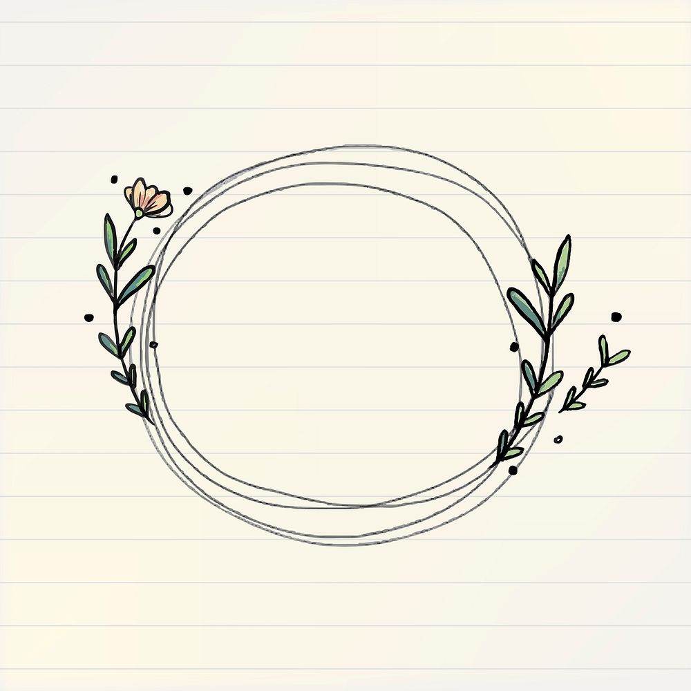 Floral circle frame clipart, doodle illustration psd 