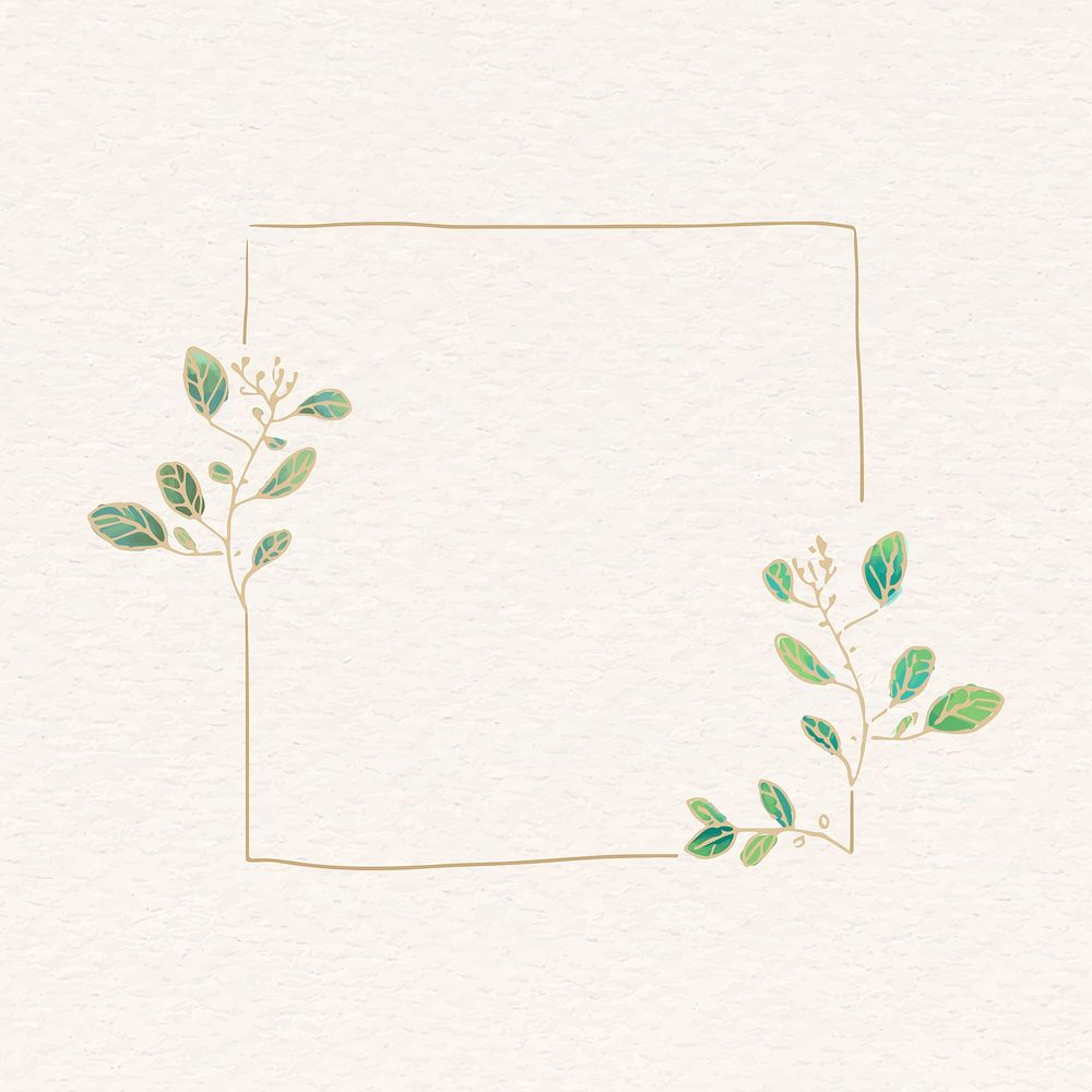 Gold square frame sticker, green gradient botanical illustration vector