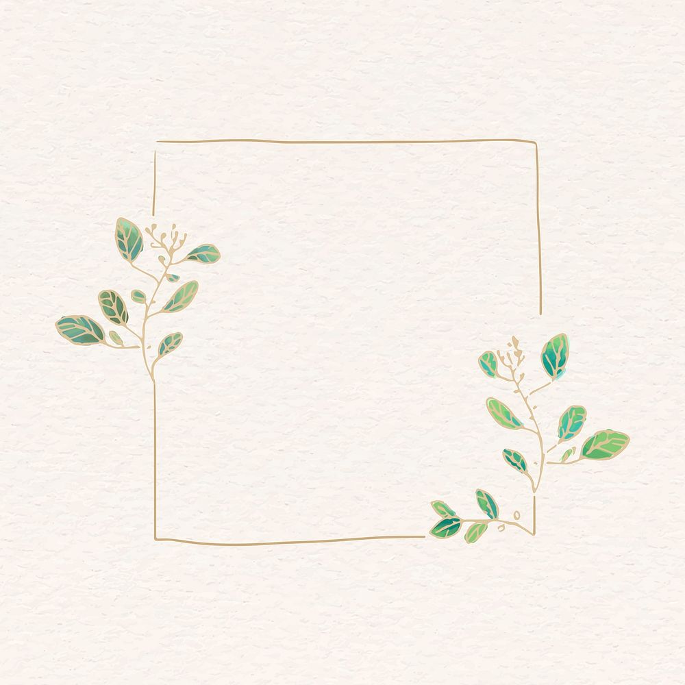 Gold square frame clipart, green gradient botanical illustration