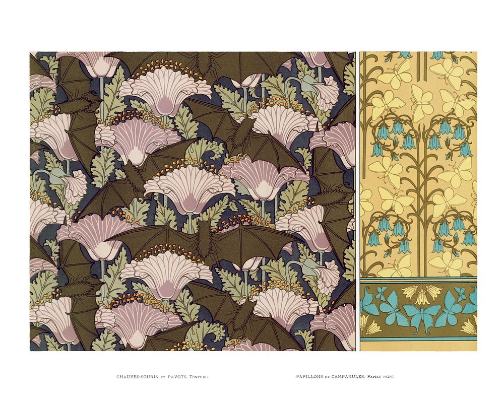 Vintage art print, flower and butterfly pattern, Chauves-souris et pavots from L'animal dans la d&eacute;coration (1897)…