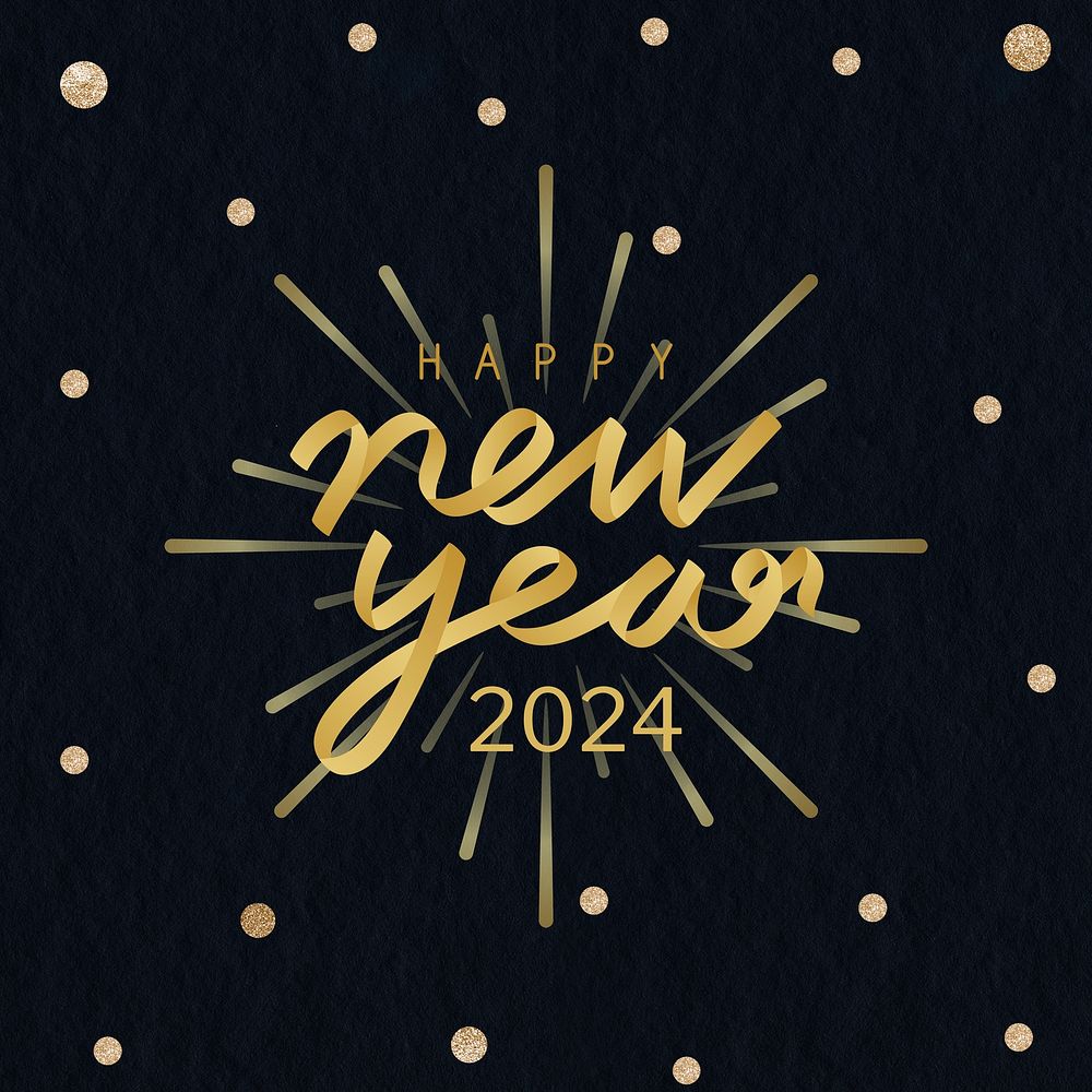 2024 gold glitter happy new year aesthetic season's greetings text on black background vector