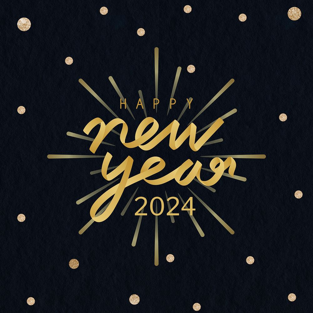 2024 gold glitter happy new year aesthetic season's greetings text on black background