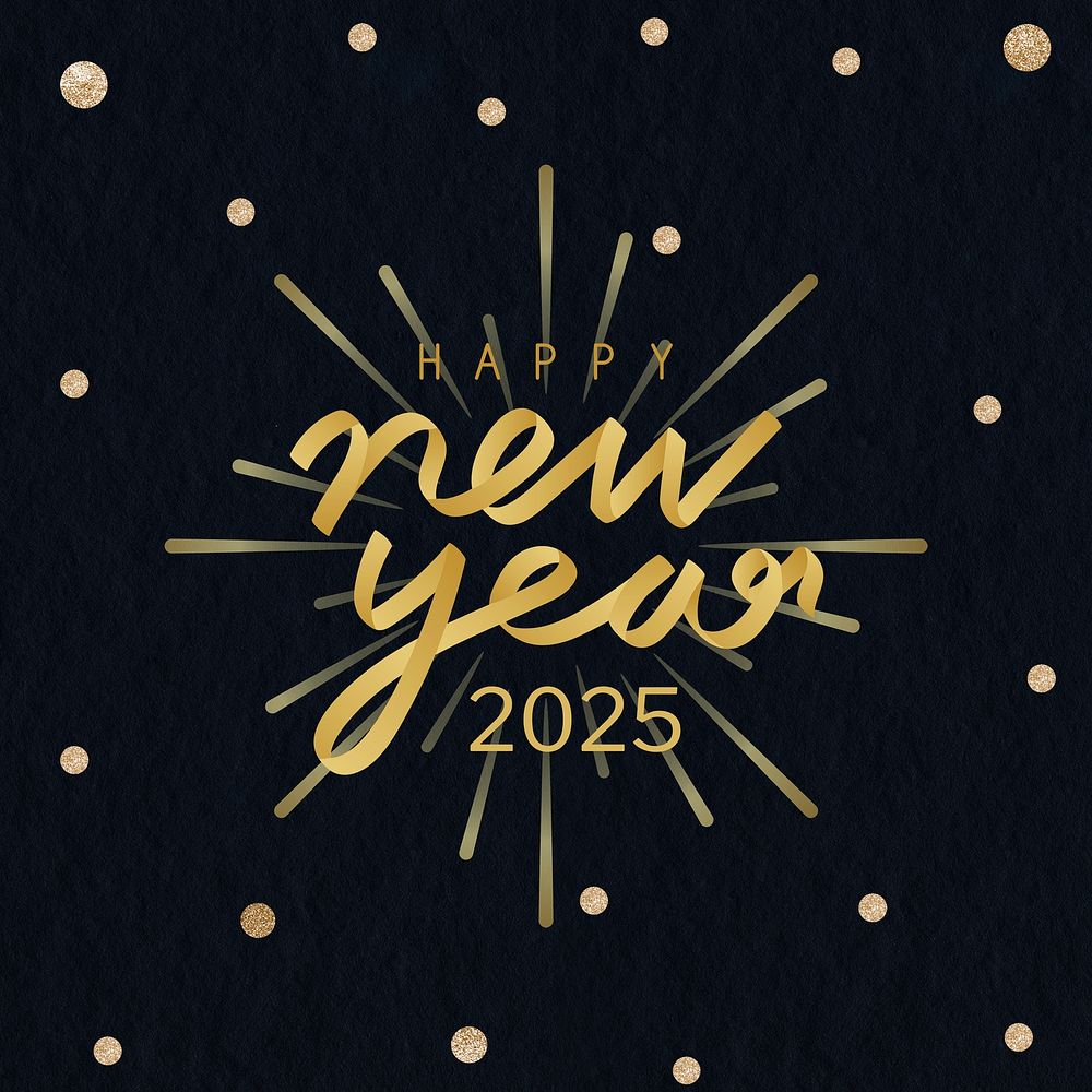 2025 gold glitter happy new year aesthetic season's greetings text on black background vector